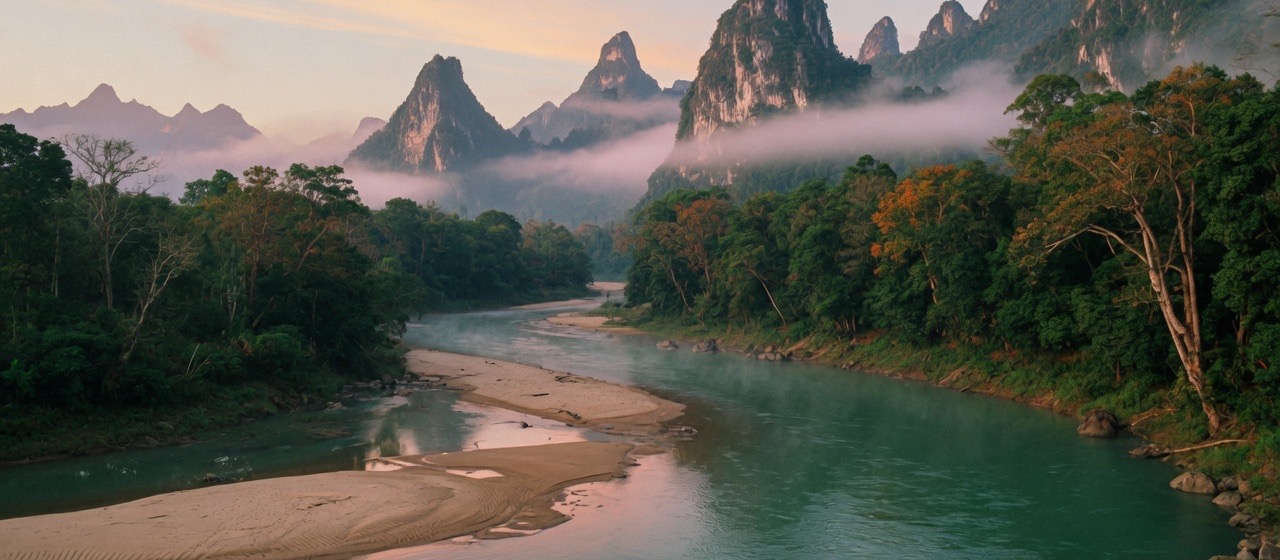 Dawn mist on a forested highland river beneath karst peaks.