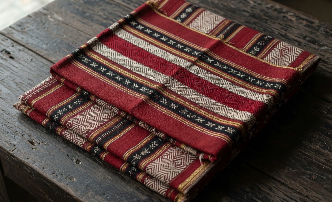 Folded crimson, black and ivory woven cloth on dark teak.