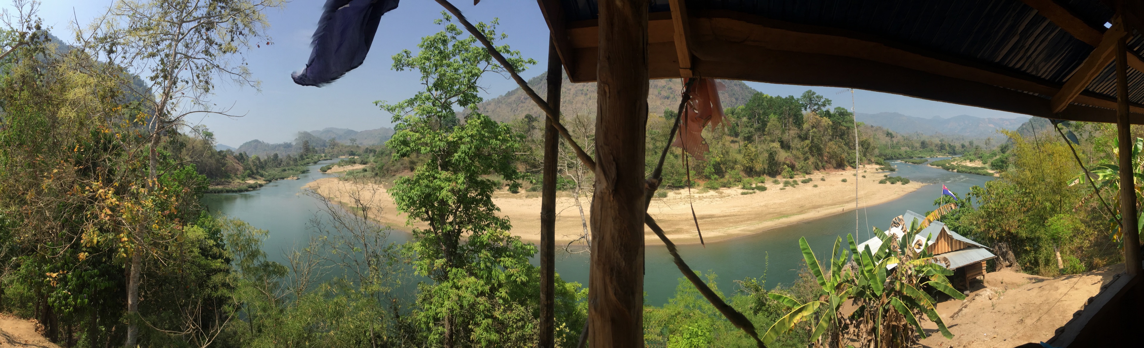 The Moei River bending through sandbars and forest, seen from a verandah at Mu Aye Pu.