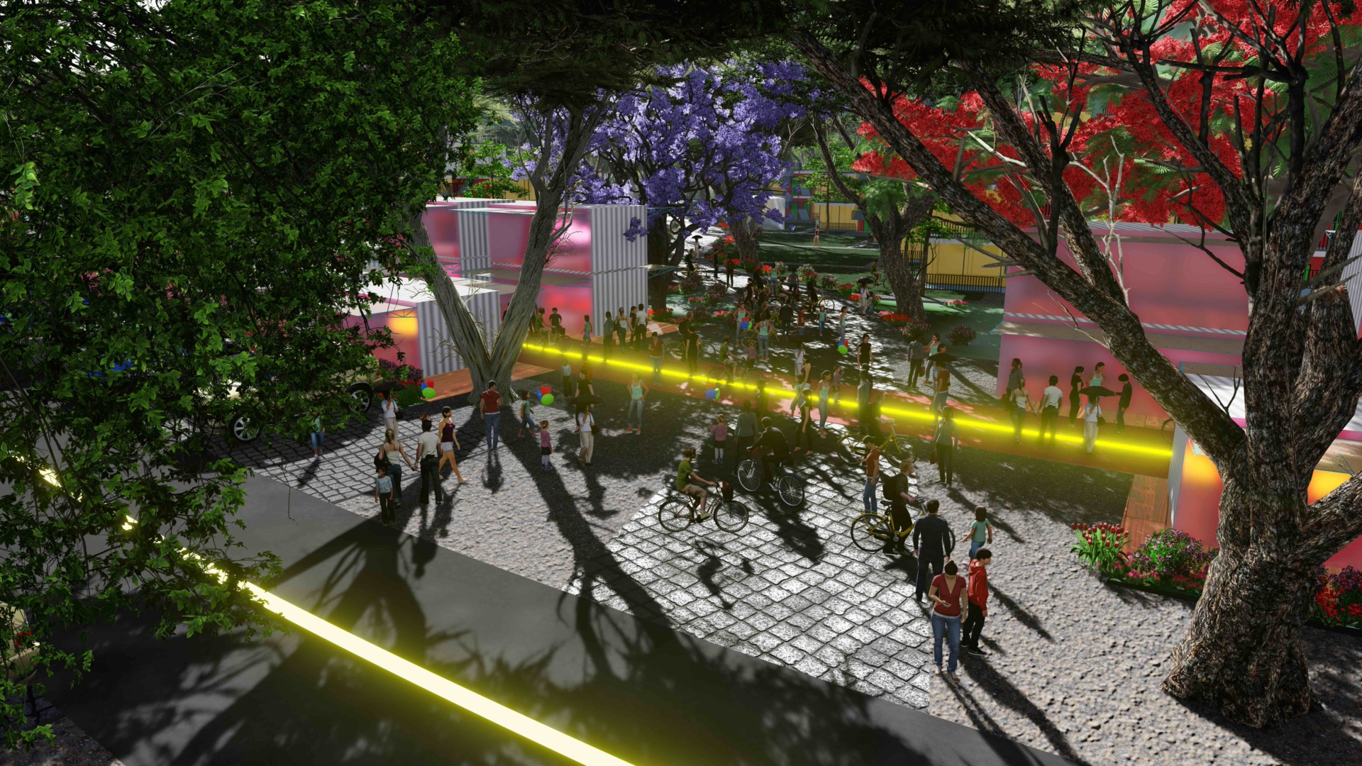 Street-level visualisation of a shaded walk with trees in flower and figures on bicycles.