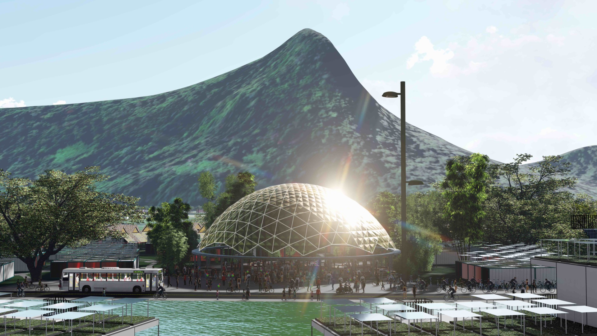 Visualisation of a geodesic dome plaza with a bus, bicycles and a peak behind.